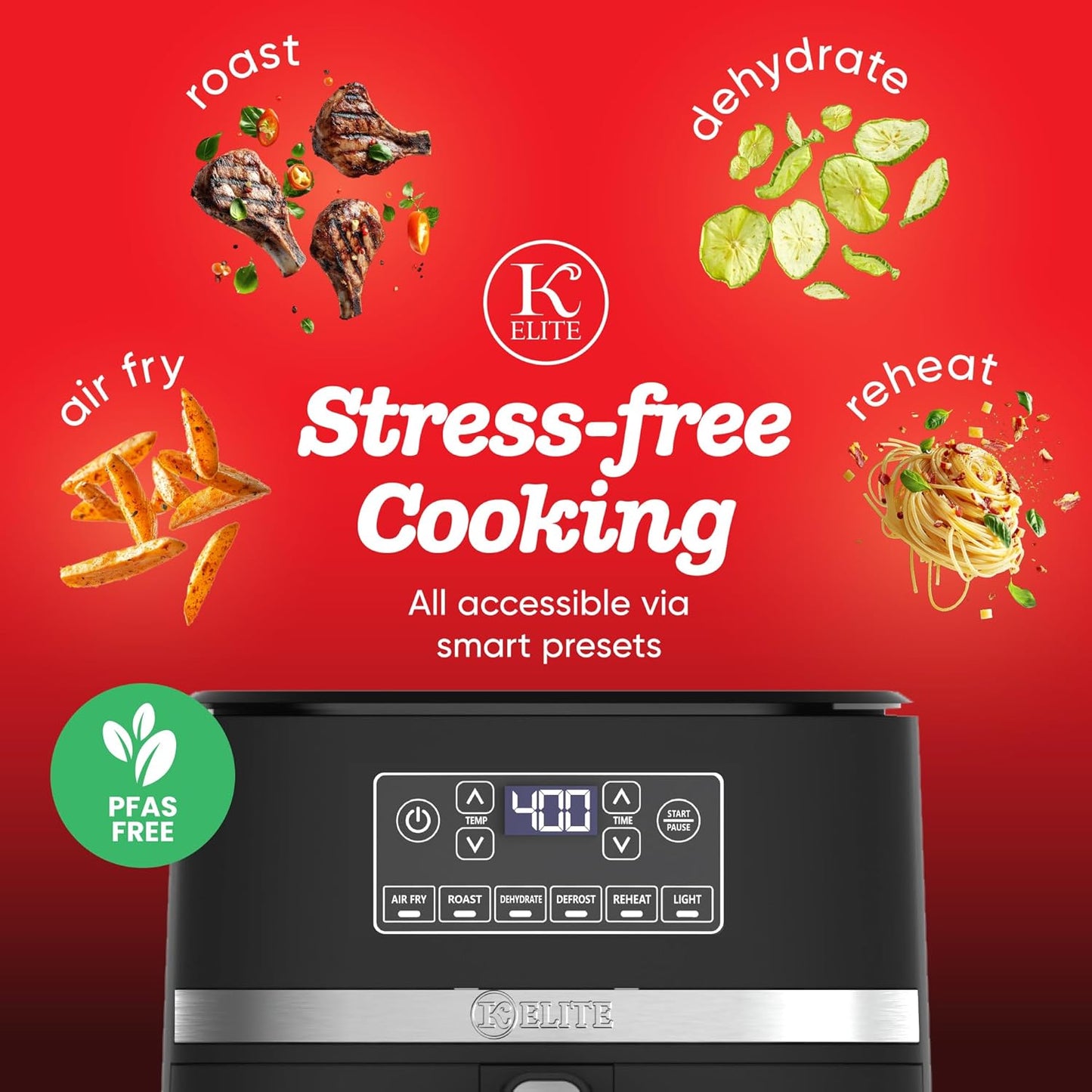 Kitchen Elite 5 Qt Large Digital Air Fryer Oven Family Size Countertop Oil-Free Cooker with Viewing Window & Light, PFAS-Free Nonstick Basket, Black