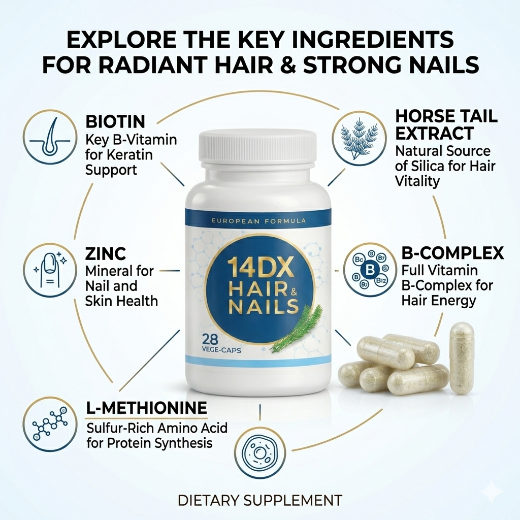 NuFlair 14DX Hair & Nails Supplement – Biotin, Zinc & B-Complex with L-Cysteine & L-Methionine – 28 Vegan Capsules