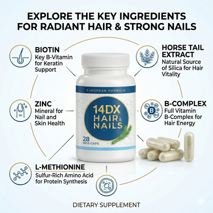 NuFlair 14DX Hair & Nails Supplement – Biotin, Zinc & B-Complex with L-Cysteine & L-Methionine – 28 Vegan Capsules