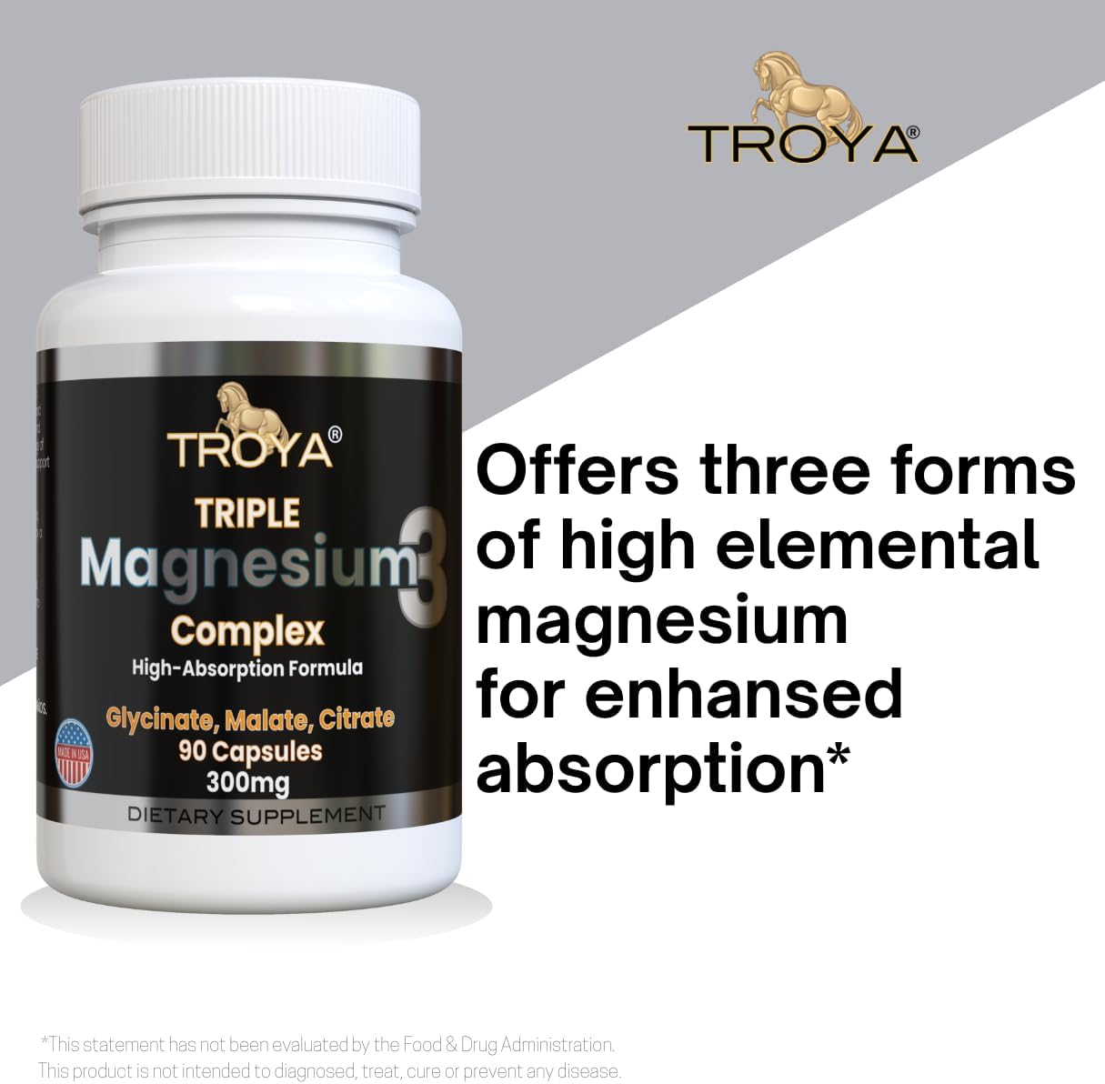 Troya Triple Complex Magnesium – Fast-Acting Magnesium Complex with Glycinate, Citrate & Malate for Relaxation, Sleep & Well-Being – Natural Formula, Non-GMO Capsules (300mg)