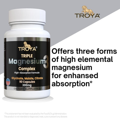 Troya Triple Complex Magnesium – Fast-Acting Magnesium Complex with Glycinate, Citrate & Malate for Relaxation, Sleep & Well-Being – Natural Formula, Non-GMO Capsules (300mg)
