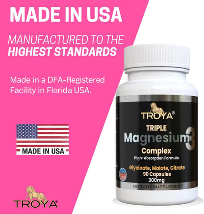 Troya Triple Complex Magnesium – Fast-Acting Magnesium Complex with Glycinate, Citrate & Malate for Relaxation, Sleep & Well-Being – Natural Formula, Non-GMO Capsules (300mg)