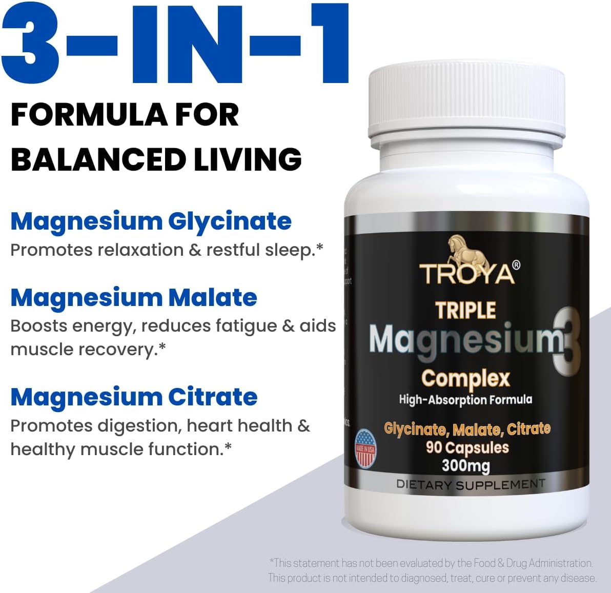Troya Triple Complex Magnesium – Fast-Acting Magnesium Complex with Glycinate, Citrate & Malate for Relaxation, Sleep & Well-Being – Natural Formula, Non-GMO Capsules (300mg)