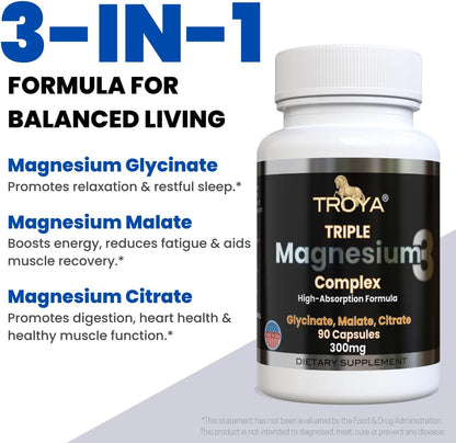 Troya Triple Complex Magnesium – Fast-Acting Magnesium Complex with Glycinate, Citrate & Malate for Relaxation, Sleep & Well-Being – Natural Formula, Non-GMO Capsules (300mg)