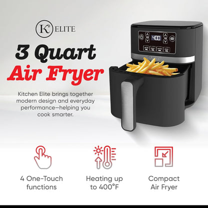 Kitchen Elite 3 Quart Digital Air Fryer Oven Compact Countertop Oil-Free Cooker with PFAS-Free Nonstick Basket, Easy Clean, Black