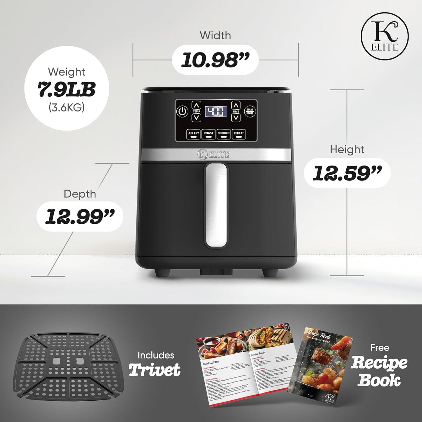 Kitchen Elite 3 Quart Digital Air Fryer Oven Compact Countertop Oil-Free Cooker with PFAS-Free Nonstick Basket, Easy Clean, Black