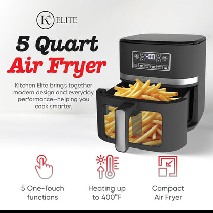 Kitchen Elite 5 Qt Large Digital Air Fryer Oven Family Size Countertop Oil-Free Cooker with Viewing Window & Light, PFAS-Free Nonstick Basket, Black