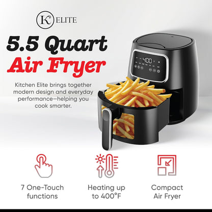 Kitchen Elite 5.5 Qt. Digital Air Fryer, Countertop Cooker with LED Screen, Presets for Air Fry, Roast, Dehydrate, Defrost and Reheat, Black
