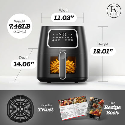 Kitchen Elite 5.5 Qt. Digital Air Fryer, Countertop Cooker with LED Screen, Presets for Air Fry, Roast, Dehydrate, Defrost and Reheat, Black