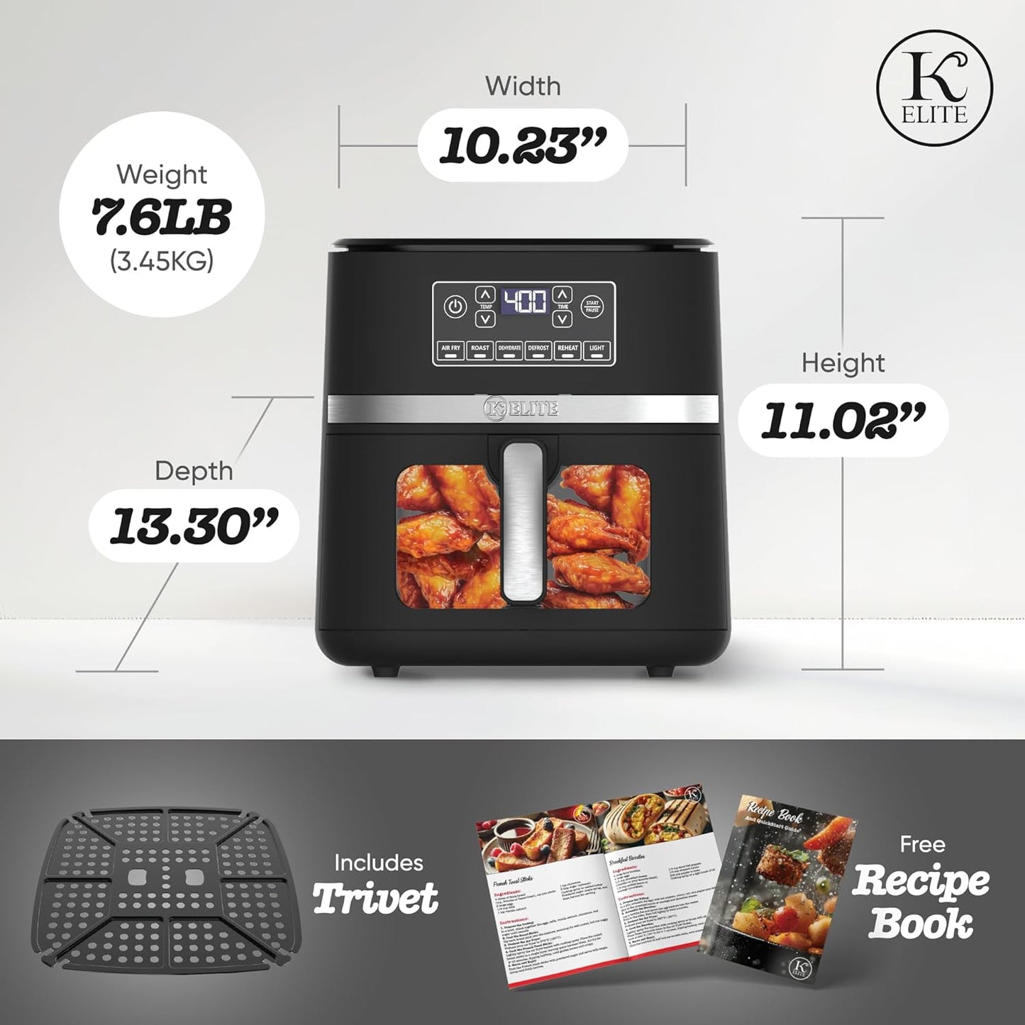 Kitchen Elite 5 Qt Large Digital Air Fryer Oven Family Size Countertop Oil-Free Cooker with Viewing Window & Light, PFAS-Free Nonstick Basket, Black