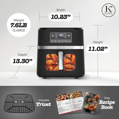 Kitchen Elite 5 Qt Large Digital Air Fryer Oven Family Size Countertop Oil-Free Cooker with Viewing Window & Light, PFAS-Free Nonstick Basket, Black