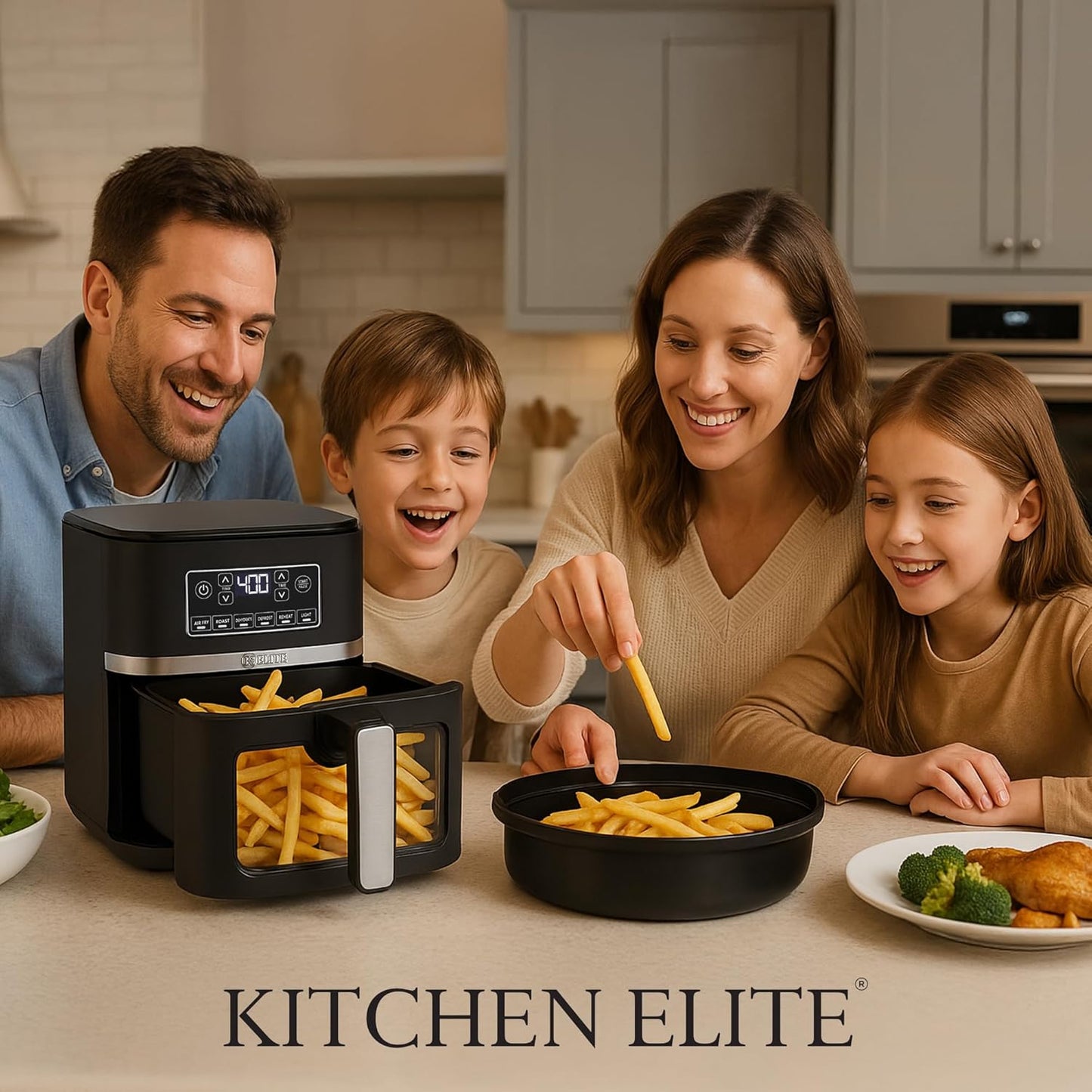 Kitchen Elite 5 Qt Large Digital Air Fryer Oven Family Size Countertop Oil-Free Cooker with Viewing Window & Light, PFAS-Free Nonstick Basket, Black