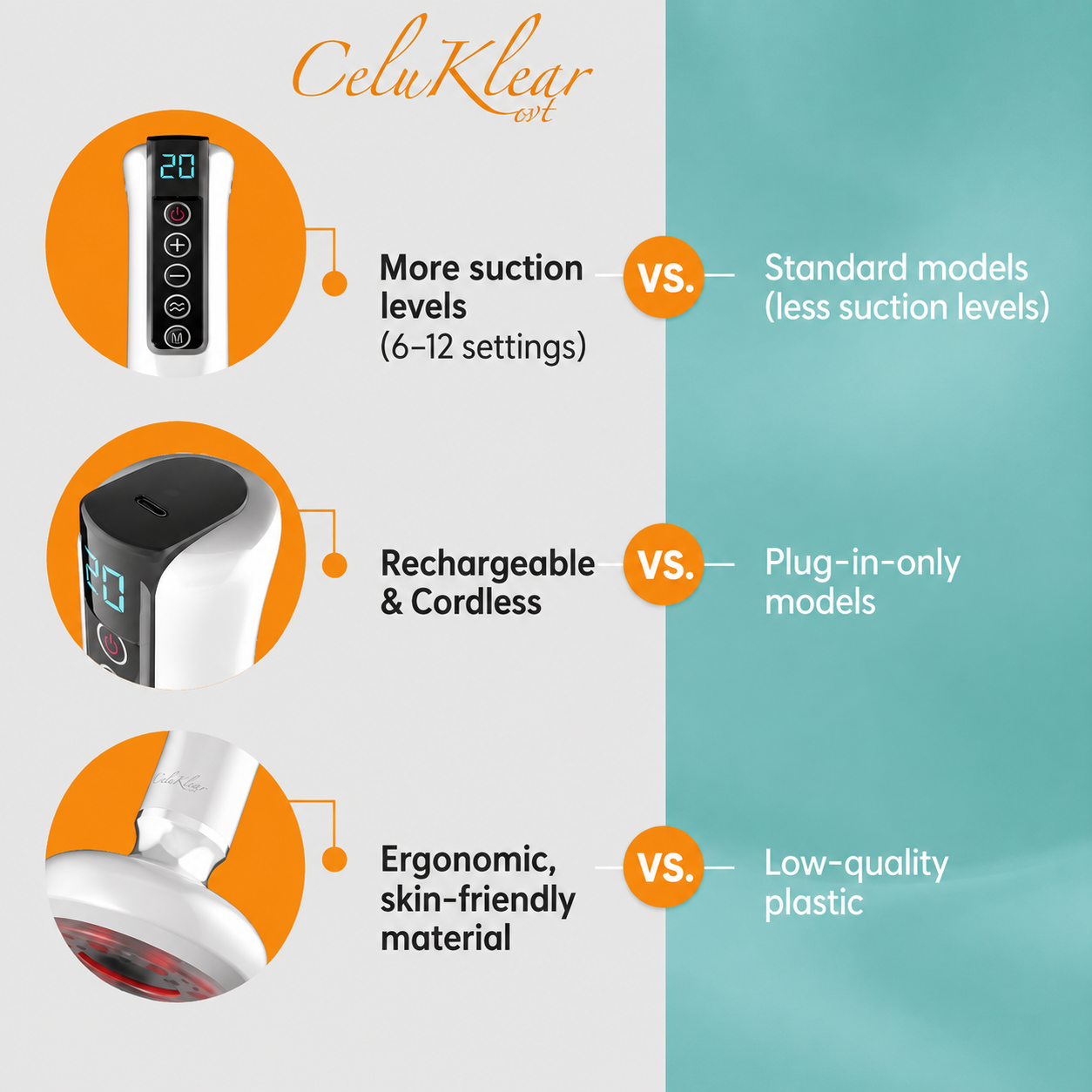 NuFlair CeluKlear Handheld Electric Vacuum Body Massager – 12 Adjustable Suction Levels, Cordless