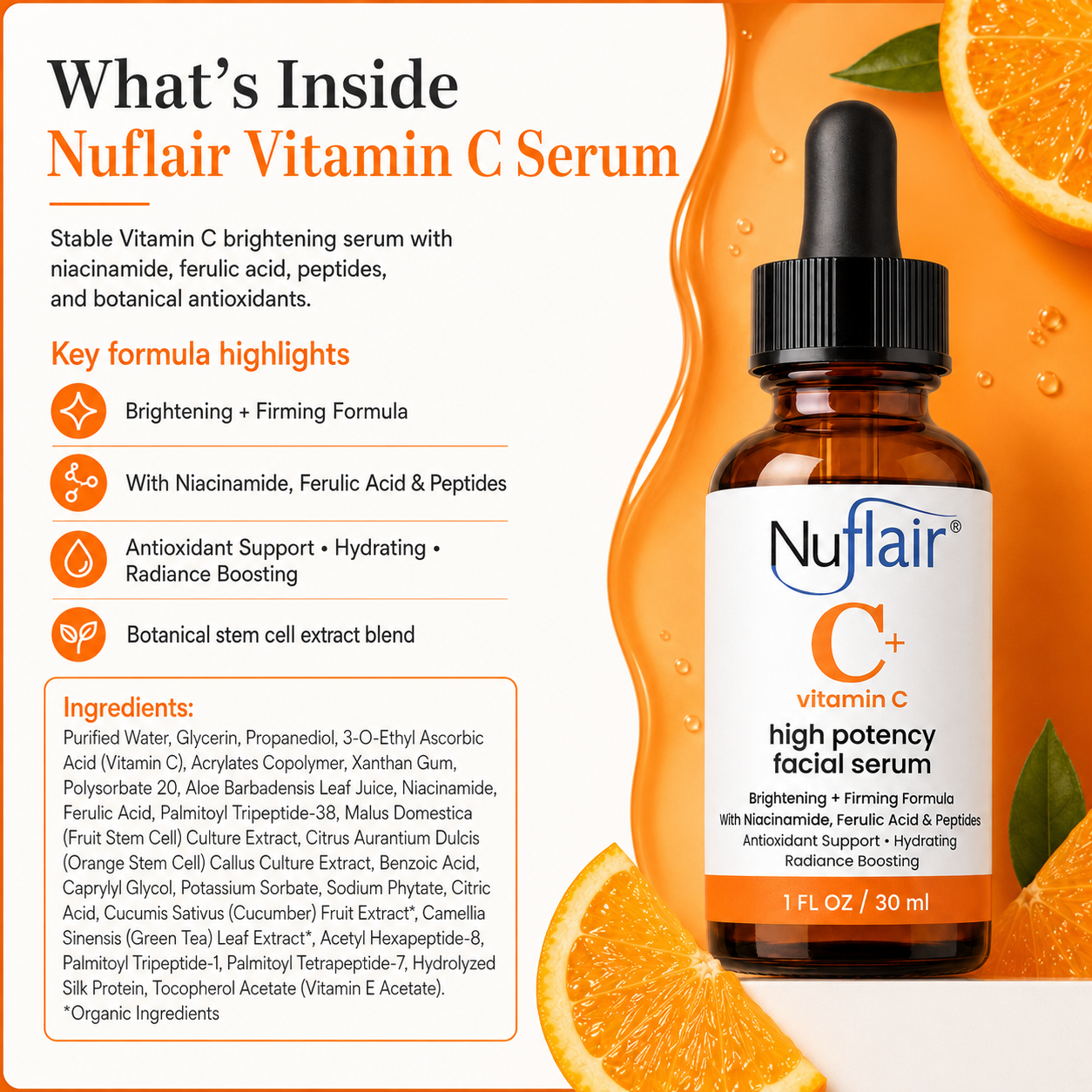 NuFlair Vitamin C Face Serum with Peptides  For Dark Spots, 1 Fl Oz