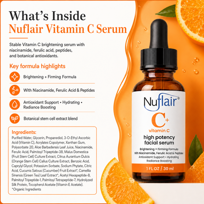 NuFlair Vitamin C Face Serum with Peptides  For Dark Spots, 1 Fl Oz