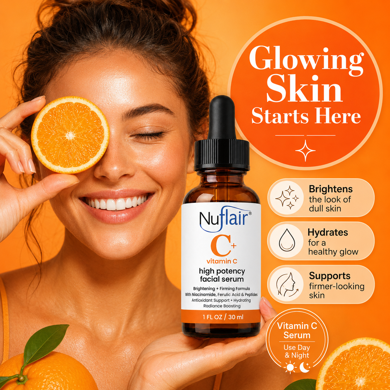 NuFlair Vitamin C Face Serum with Peptides  For Dark Spots, 1 Fl Oz