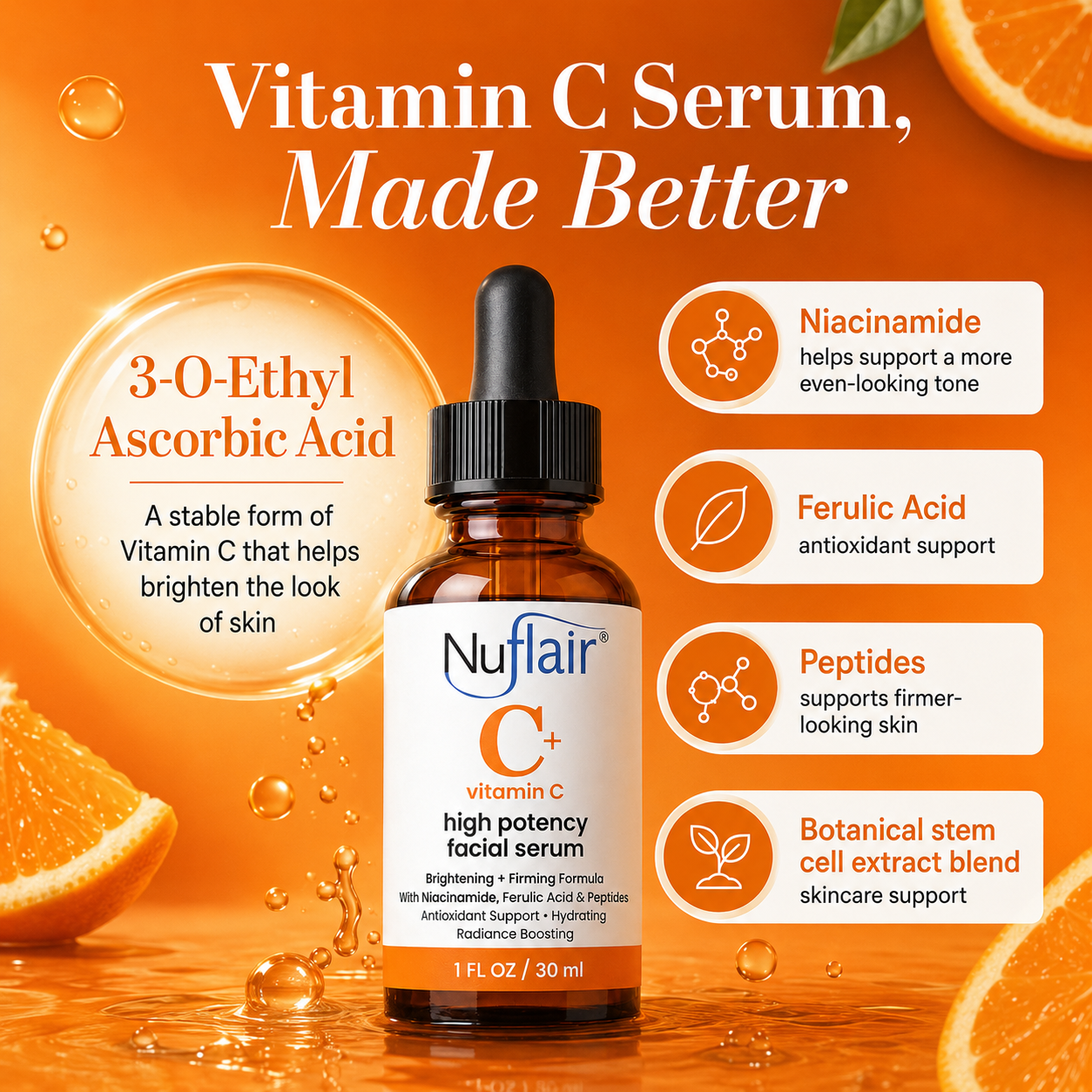 NuFlair Vitamin C Face Serum with Peptides  For Dark Spots, 1 Fl Oz