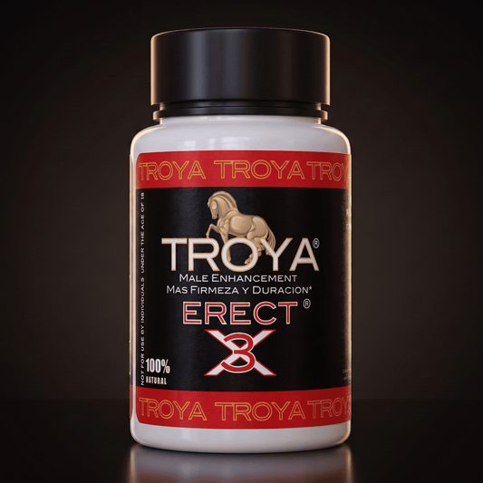 Troya ERECT 3X male enhancement supplement — bottle on a dark studio background