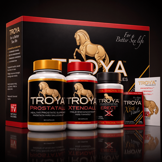 TROYA KIT four-product male wellness set on a dark studio background
