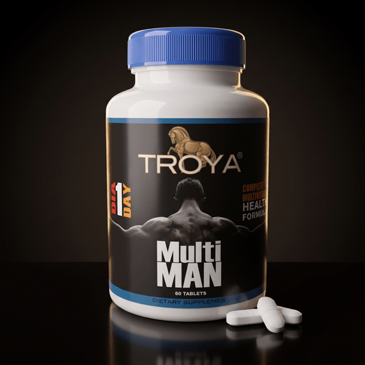 TROYA MULTIMAN men's daily multivitamin — bottle on a dark studio background