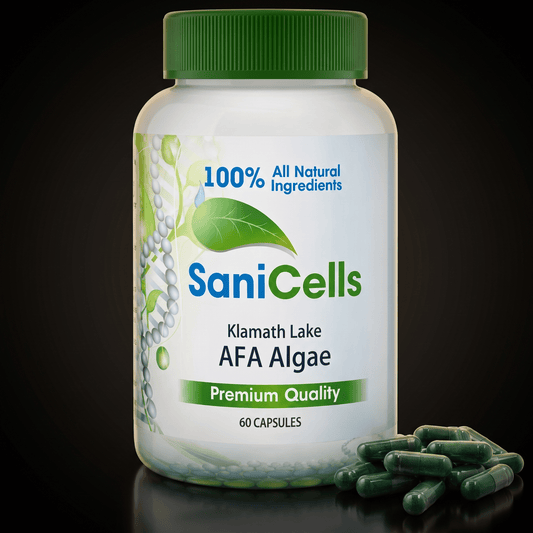 Troya Sani Cells AFA blue-green algae supplement — bottle on a dark studio background