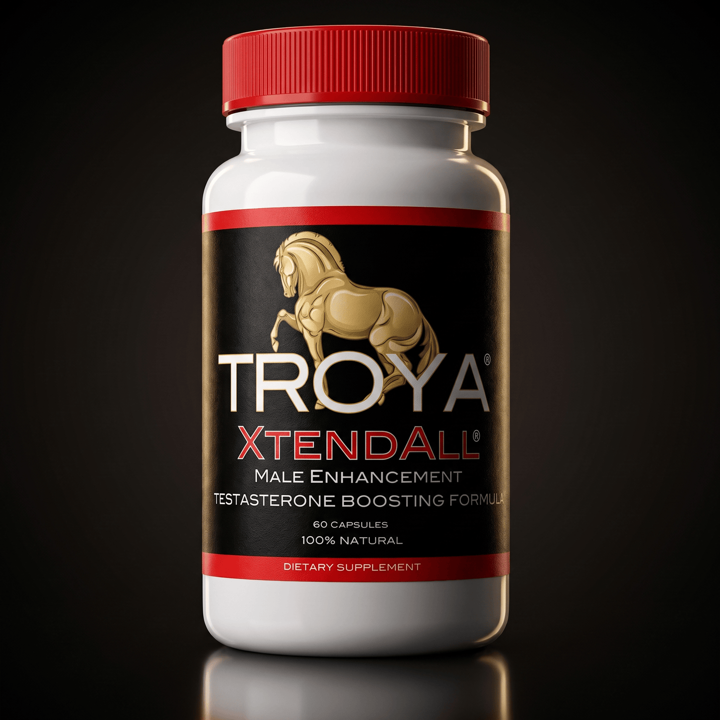 Troya XTENDALL male performance supplement — bottle on a dark studio background