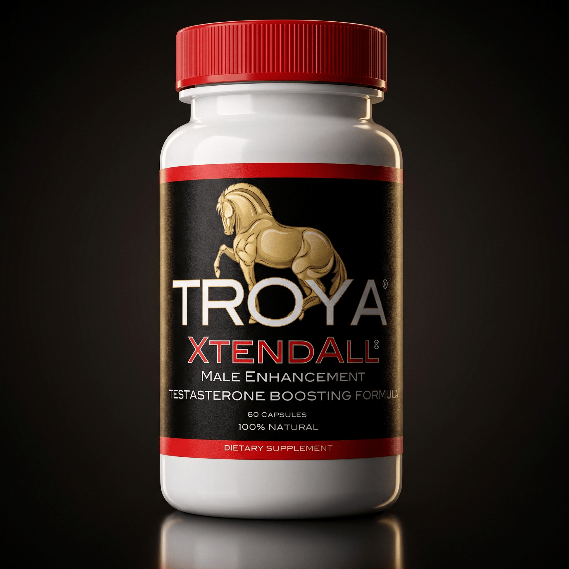 Troya XTENDALL male performance supplement — bottle on a dark studio background
