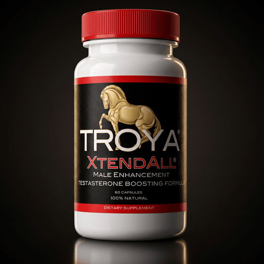Troya XTENDALL male performance supplement — bottle on a dark studio background